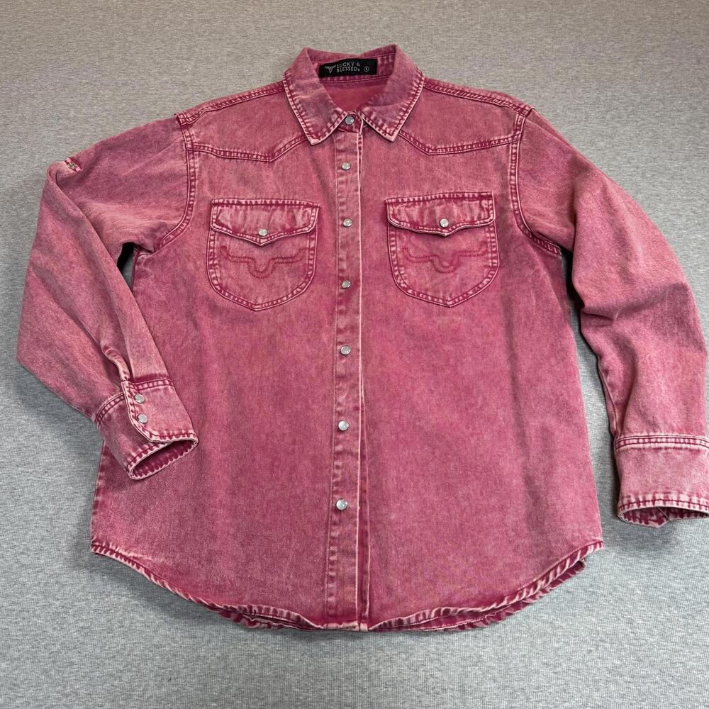 Lucky & Blessed Pink Denim Pearl Snap Shirt - Womans Size Small